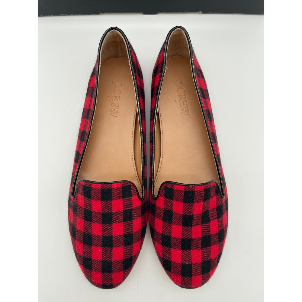 J. CREW RED BLACK GINGHAM LOAFERS SLIP ON SHOES FLATS